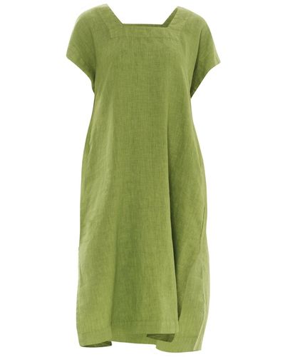 Haris Cotton Smock Linen Dress With Split Hem - Green