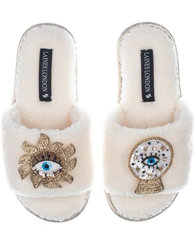 Laines London Teddy Towelling Slipper Sliders With Mystic Eyes Brooches - Metallic