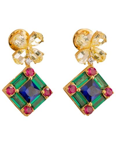 Juvetti Medina Gold Earrings Yellow Sapphire, Royal Blue Sapphire, Emerald & Diamond - Green