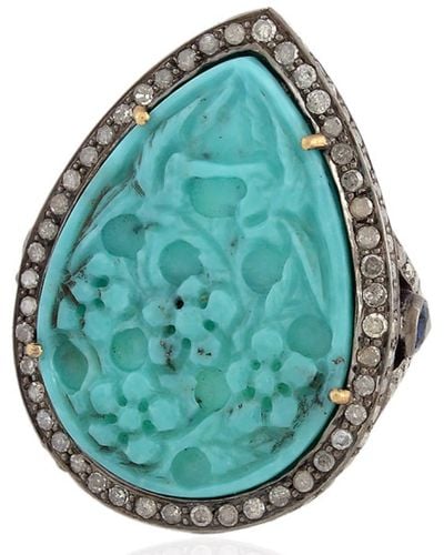 Artisan Carved Turquoise & Blue Sapphire Pave Diamond In 18k Gold With 925 Silver Cocktail Ring
