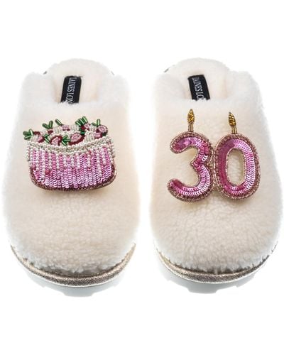 Laines London Teddy Closed Toe Slippers With 30th Birthday & Cake Brooches - Pink