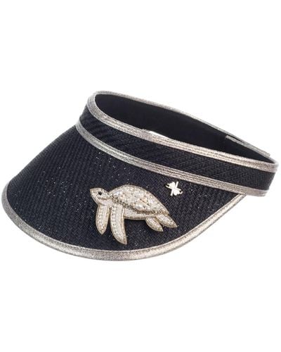Laines London Straw Woven Visor With Beaded Turtle Brooch - Black