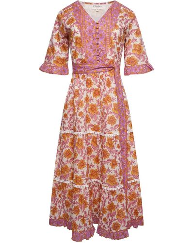 LAtelier London Noemi Yellow Floral Block Print Cotton Midi Dress - Pink