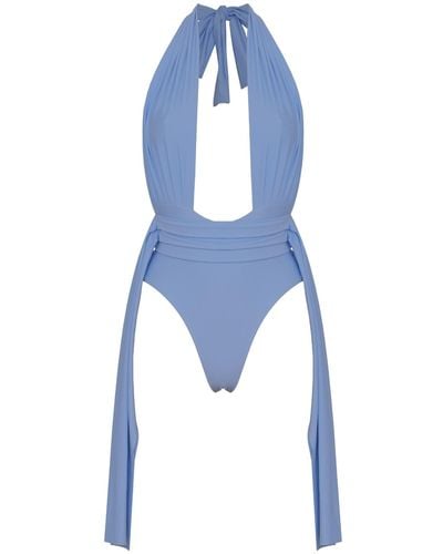 ANTONINIAS Plonger Deep Plunge Halter Neck Swimsuit With Decorative Belt In - Blue