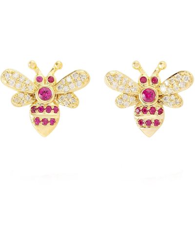 Artisan Handmade 18k Yellow Gold Natural Diamond Honey Bee Stud Earrings Ruby Gemstone - Pink