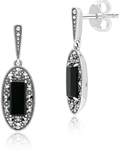 Gemondo Art Deco Style Oval Onyx & Marcasite Drop Earrings In Sterling Silver - Metallic