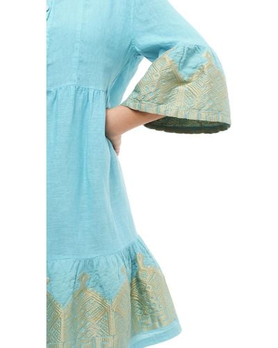 Haris Cotton Cami Linen Dress With Embroidered Bell Sleeves And Hem - Blue