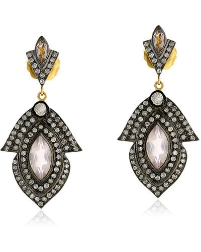 Artisan Rose Quartz Pave Diamond Dangle Earrings Gold 925 Sterling Silver Designer Jewelry - Metallic