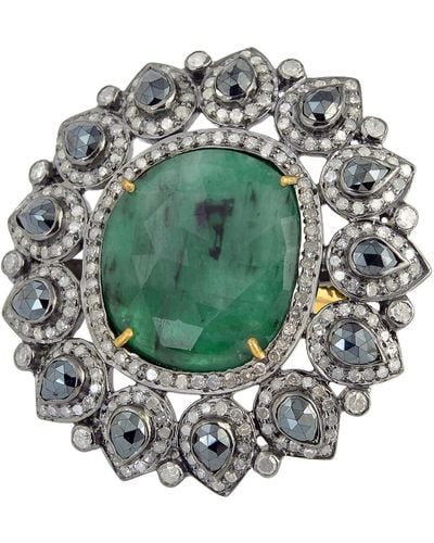 Artisan Emerald & Pear Spinel Pave Diamond Cocktail Ring In 18k Gold 925 Sterling Silver - Green