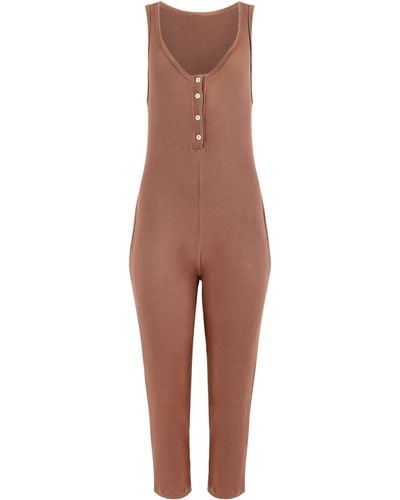 Lezat Costa Organic Cotton Waffle Thermal Pocketed Jumpsuit - Brown