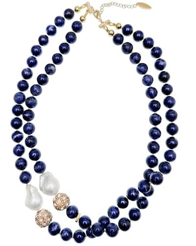 Farra Sodalite With Baroque Pearl With Rhinestones Double Strands Necklace - Blue