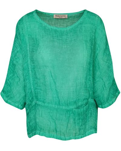 Haris Cotton Round Neck Linen Blouse With Batwing Sleeve - Green