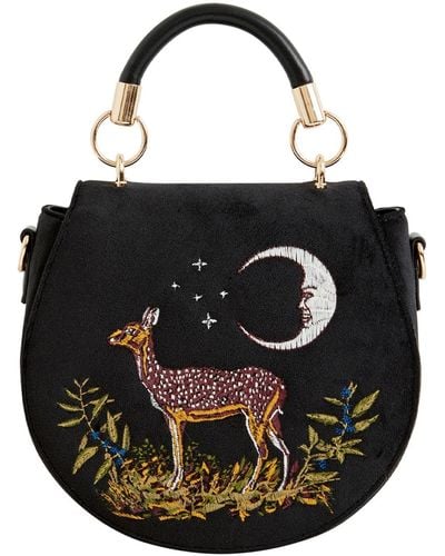 Fable England Fable Deer & Moon Embroidered Saddle Bag Velvet - Black