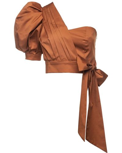 Vasiliki Atelier Emily One-sleeve Asymmetric Poplin Top Copper - Brown