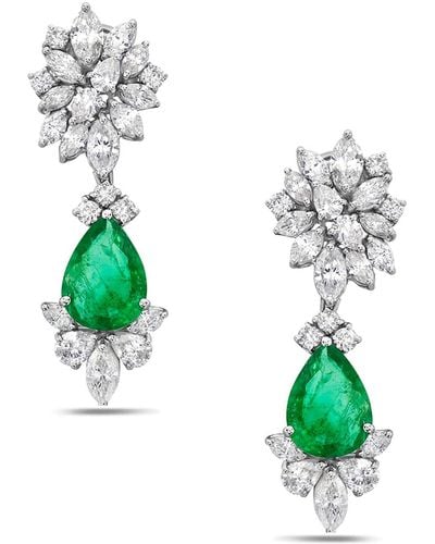 Artisan Pear Shape Dangle Earrings Natural Emerald White Gold Diamond Jewelry - Green