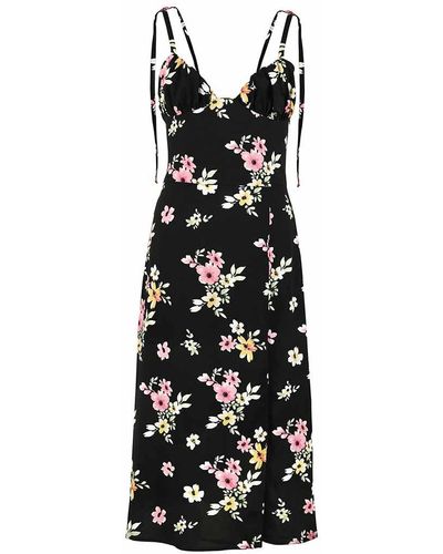 blonde gone rogue Flower Power Midi Dress With Slit, Upcycled Viscose, In Flower Print - Black