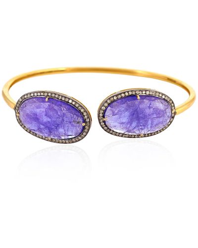 Artisan 14k Gold & Silver In Oval Cut Tanzanite Gemstone With Pave Diamond Cuff Bangle Handmade - Purple