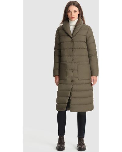 Woolrich Ellis Long Coat With Horizontal Quilting Green