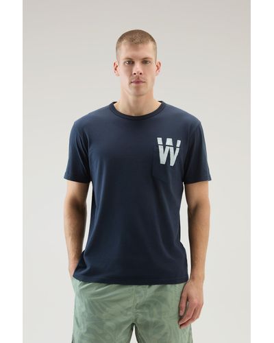 Woolrich Pure Cotton T-shirt With Chest Pocket Blue