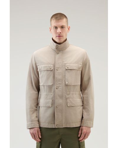 Woolrich Field Jacket In Cotton-linen Blend Beige - Natural