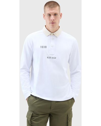 Woolrich Long-sleeved Polo Shirt In Pure Cotton - White