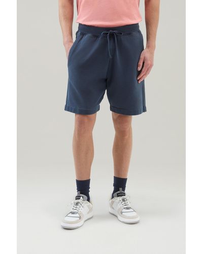 Woolrich Garment-dyed Sport Shorts In Pure Cotton Fleece Blue
