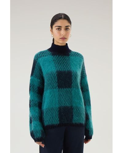 Woolrich Check Turtleneck In Wool And Mohair Blend - Blue