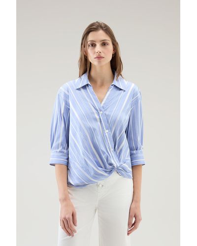Woolrich Striped Shirt In Cotton Blend Poplin - Blue