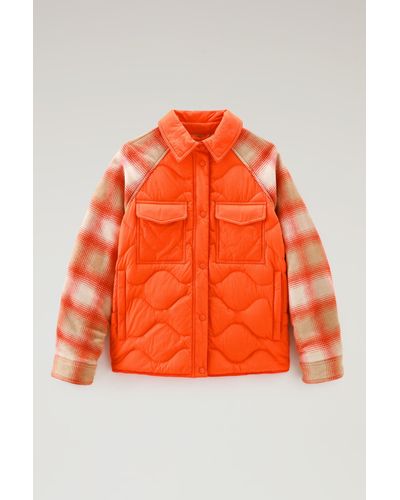 Woolrich Crinkle Nylon Alba Overshirt With Wool Sleeves - Orange