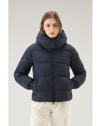 Woolrich Quilted Down Jacket In Eco Taslan Nylon With Detachable Hood Beige - Blue