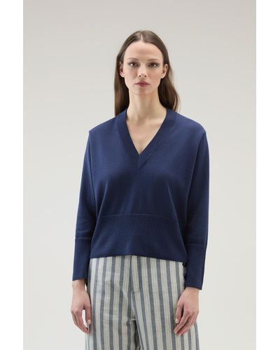 Woolrich V-neck Sweater In Cotton And Cashmere - Blue