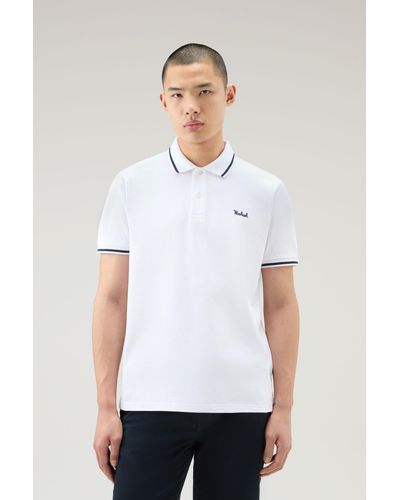 Woolrich Monterey Polo Shirt In Stretch Cotton Piquet With Striped Edges - White