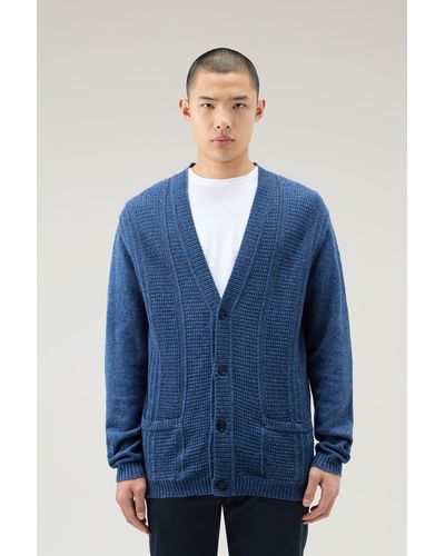 Woolrich Cardigan In Cotton-linen Blend Blue