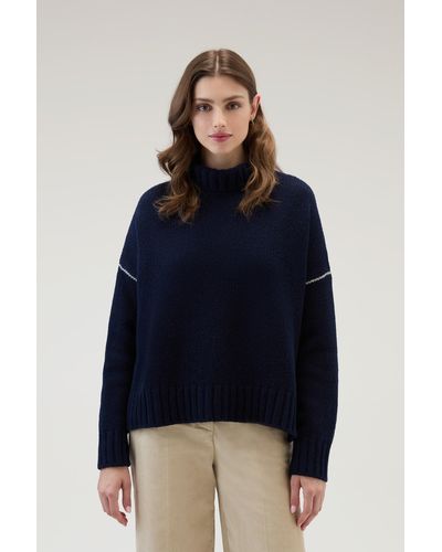 Woolrich Turtleneck Sweater In Pure Virgin Wool - Blue