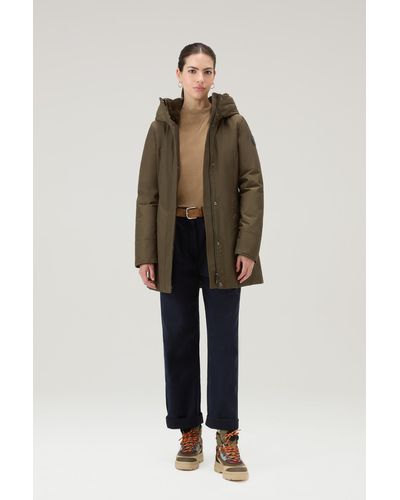 Woolrich Boulder Parka In Ramar Cloth With Hood And Detachable Faux Fur Trim Green