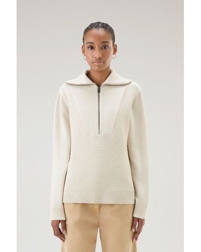 Woolrich Half-zip Sweater In Wool Blend - Natural