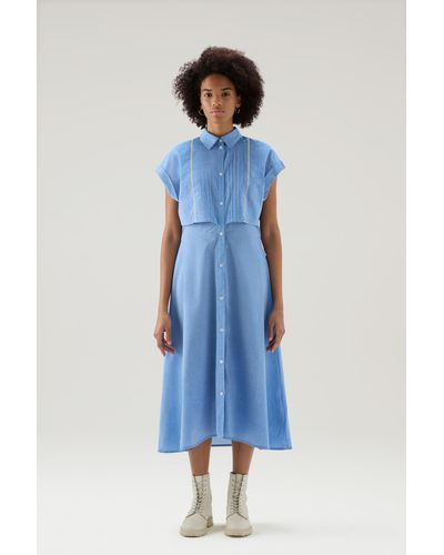 Woolrich Pintuck Chambray Dress In Pure Cotton - Blue