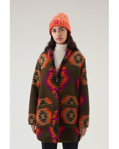 Woolrich Gentry Coat In Wool Blend With Hood Green - Multicolor
