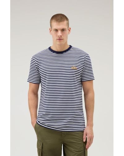 Woolrich Striped T-shirt In Stretch Cotton Jersey Blue