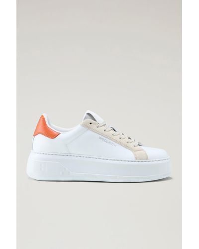Woolrich Chunky Court Sneakers In Leather With Contrasting Trim - White