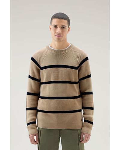 Woolrich Striped Crewneck Sweater In Pure Cotton - Natural