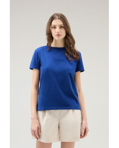 Woolrich Pure Cotton T-shirt With An Embroidered Logo Blue