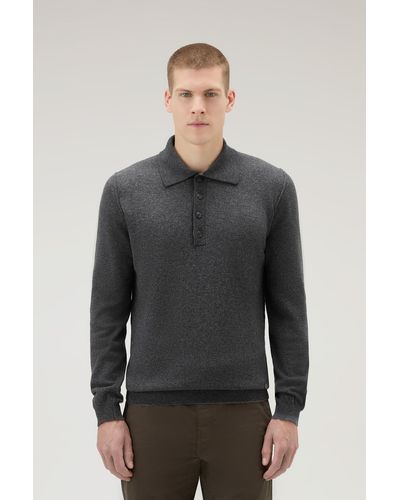Woolrich Long-sleeved Polo Shirt In Merino Wool Blend - Gray