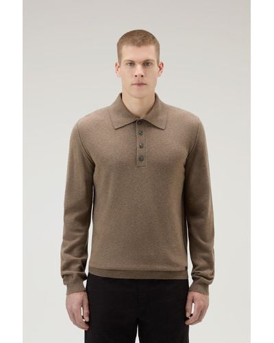 Woolrich Long-sleeved Polo Shirt In Merino Wool Blend - Natural