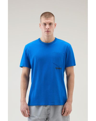 Woolrich Pure Cotton T-shirt With Trail Print Blue