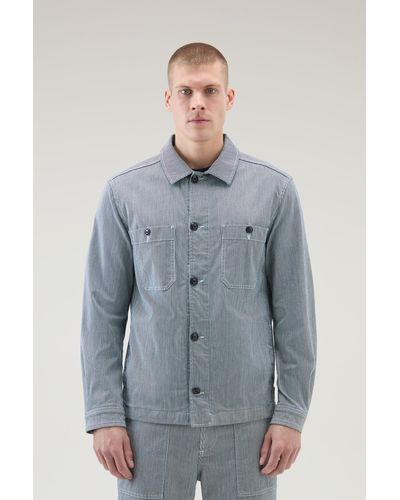 Woolrich Striped Overshirt In Cotton Blend - Blue