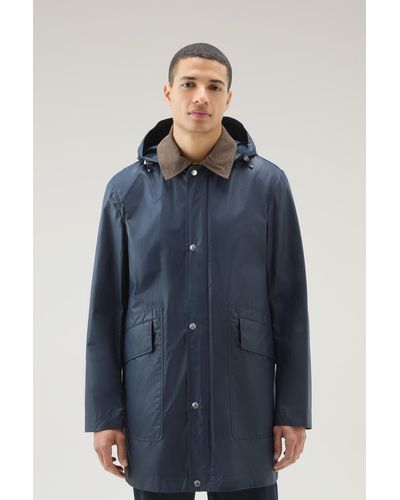 Woolrich Waxed Jacket With Detachable Hood - Blue