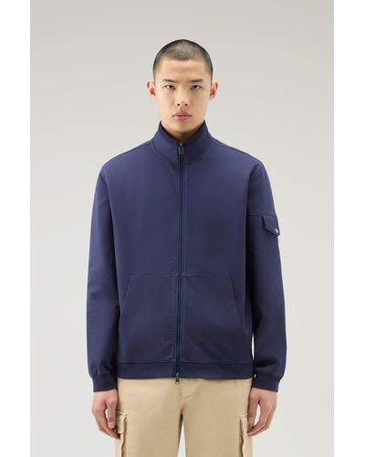 Woolrich Pure Cotton Sweatshirt With Zip And High Collar Blue