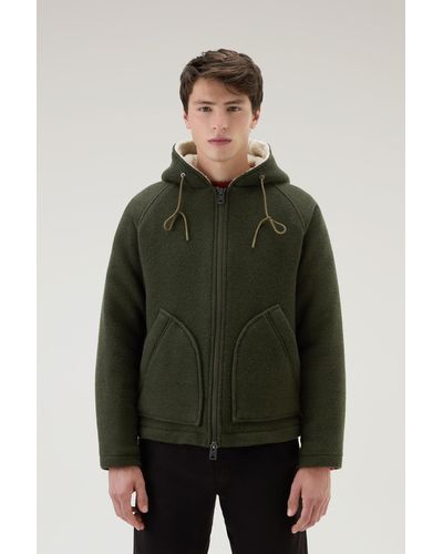 Woolrich Hooded Jacket In Recycled Manteco Wool Blend - Green