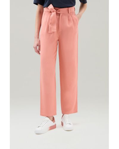 Woolrich Belted Pants In Linen Blend - Pink